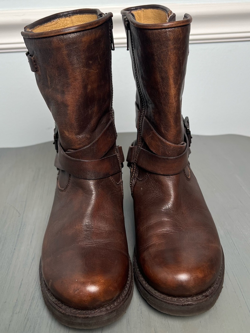 Frye Brown Moto Leather Boots with Dark Brown Trim. Side zip. Buttery Leather!